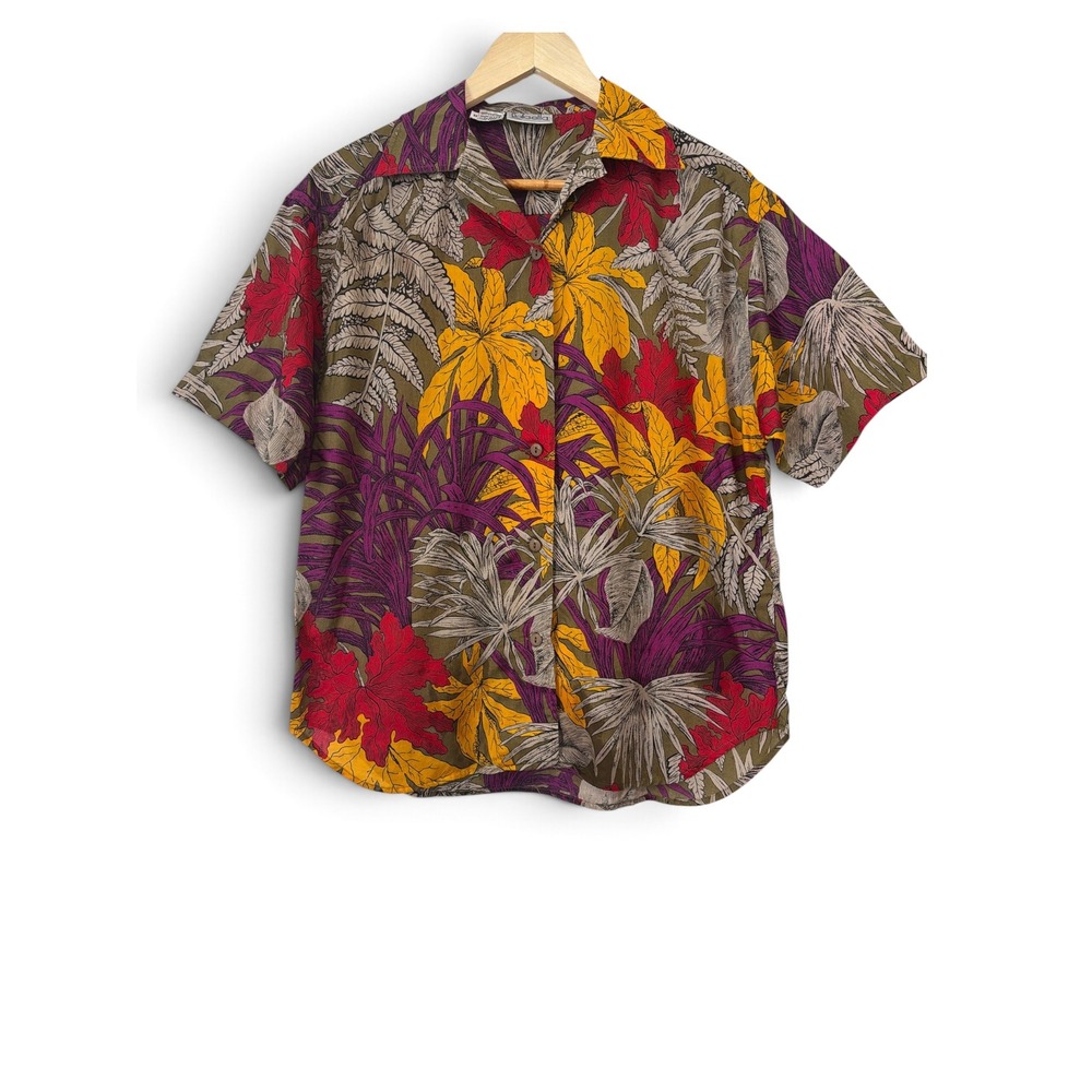 Vintage Rafaella Tropical Autumn Cotton Button Down Shirt Olive Yellow Size 8